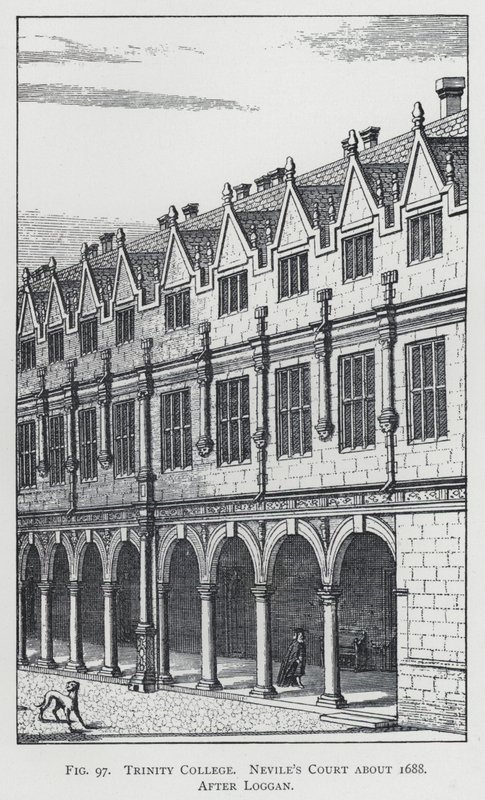 Trinity College, Nevile's Court ca 1688, etter Loggan (gravering) av English School