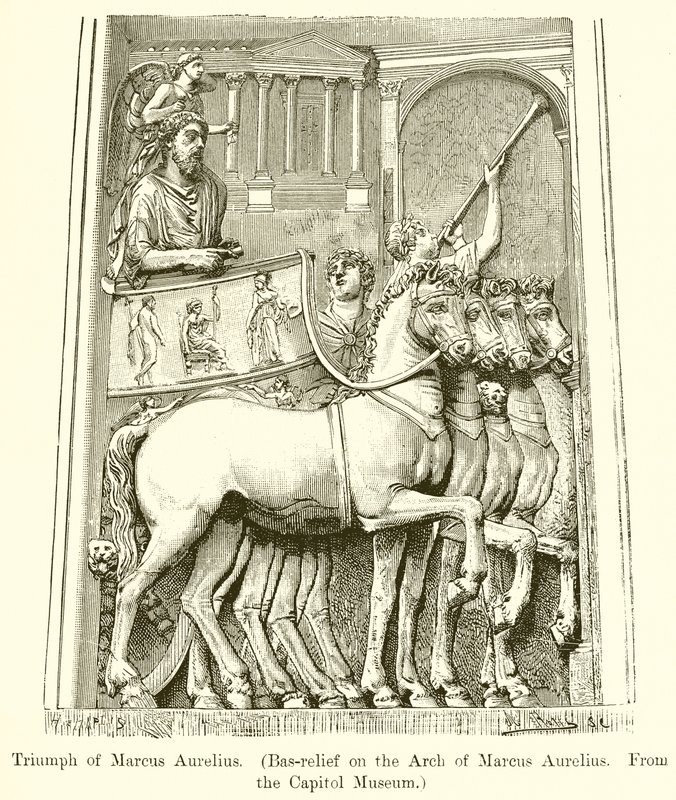 Triumf til Marcus Aurelius. (Bas-relieff på Marcus Aurelius-buen. Fra Capitol-museet) av English School