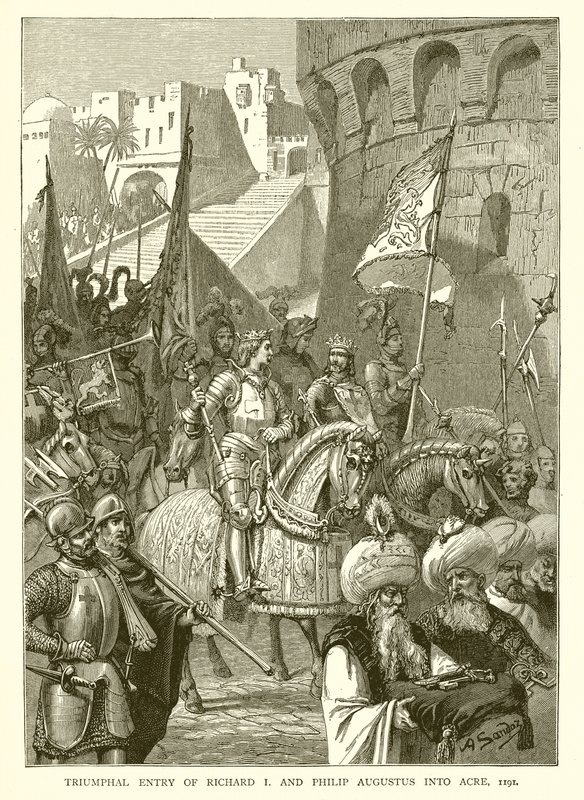 Triumferende inntog av Richard I og Philip Augustus i Acre, 1191 av English School