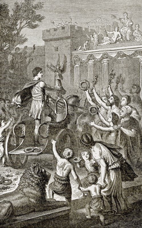 Triumfavkastning av en olympisk seierherre, illustrasjon fra The Illustrated History of the World utgitt av Ward Lock, ca. 1880 av English School