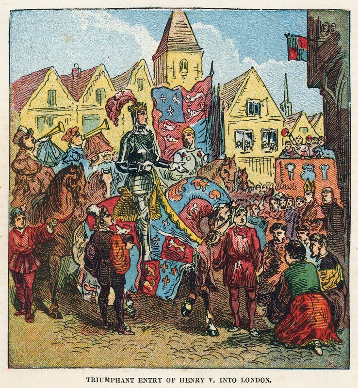 Triumferende inntog av kong Henry V i London etter slaget ved Agincourt av English School
