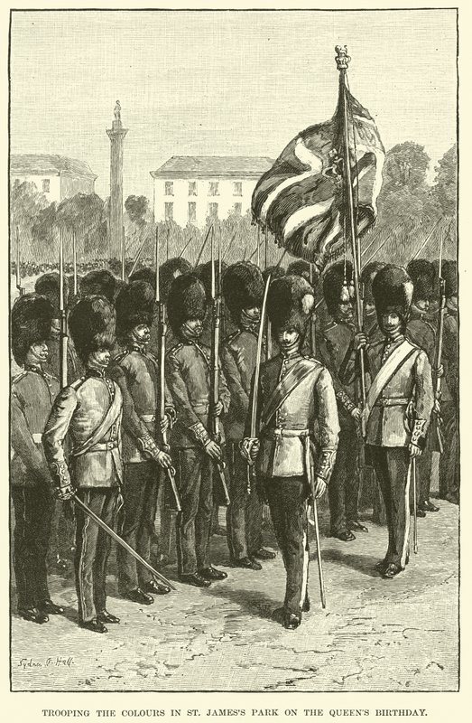 Trooping the Colors i St. James's Park på dronningens bursdag (gravering) av English School