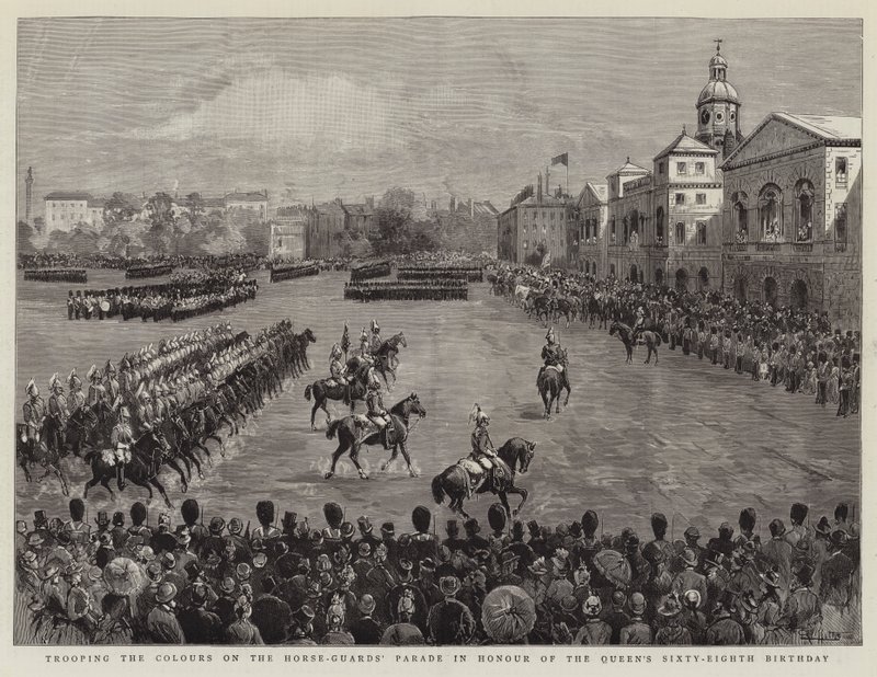 Trooping the Colors on the Horse-Guards"-parade til ære for dronningens sekstiåtte bursdag av English School