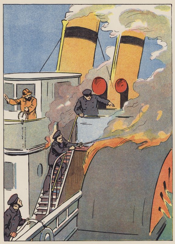 Prøver å redde det brennende skipet (farge litho) av English School