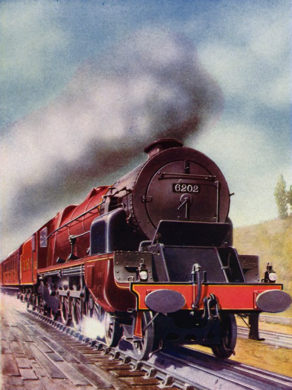 Turbindrevet 4-6-2 stillehavsdamplokomotiv fra London, Midland og Scottish Railway (farge litho) av English School