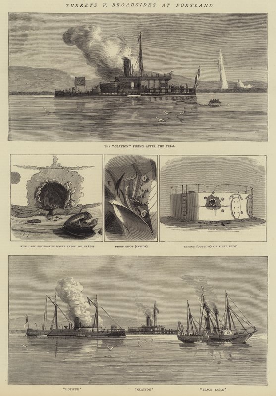Turrets v Broadsides at Portland (gravering) av English School