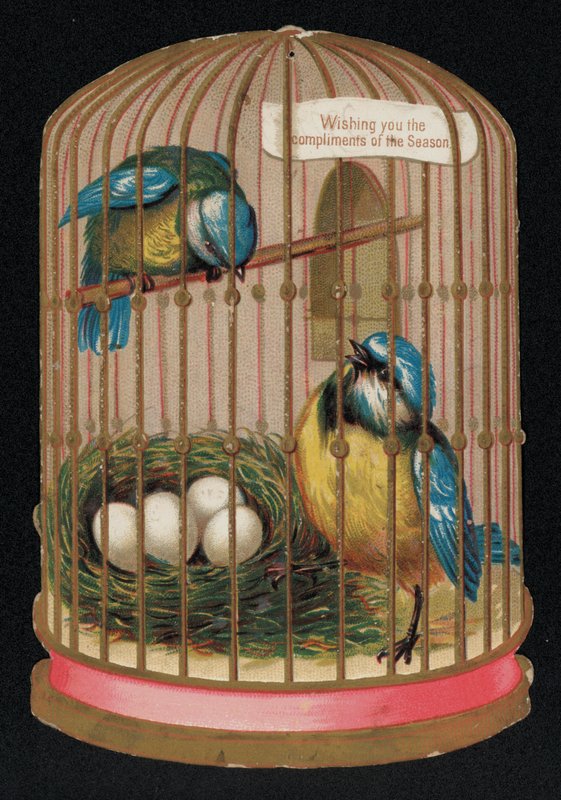 To blåmeiser i et bur, julekort (chromolitho) av English School