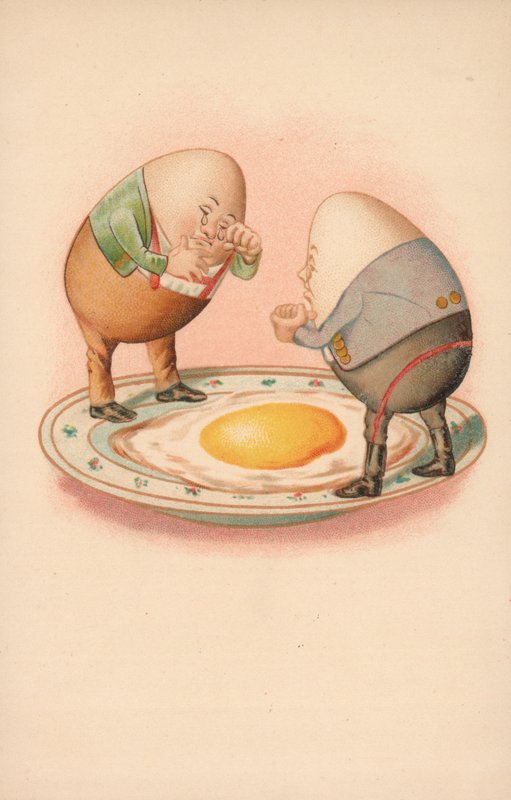 To egg som gråter over et knust egg i en tallerken av English School
