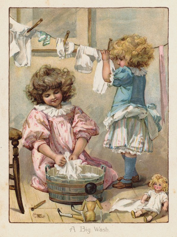 To små jenter som vasker dukkeklærne sine (chromolitho) av English School
