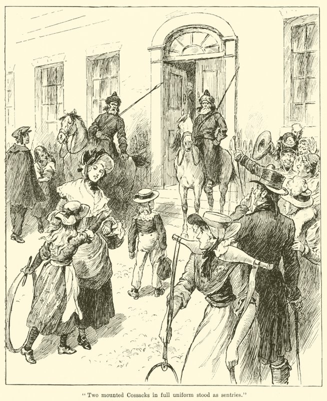 "To monterte kosakker i full uniform sto som vaktposter" (gravering) av English School