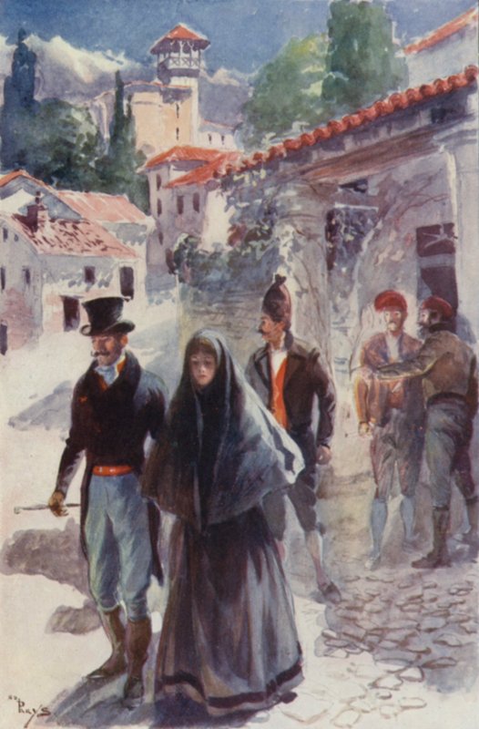 To eller tre unge menn eskorterte Orso og søsteren hans til døren (farge litho) av English School