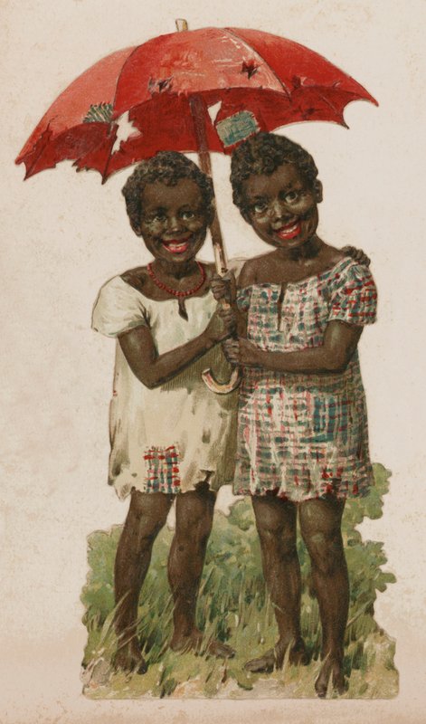 To stakkars svarte barn ly under en fillete paraply (farge litho) av English School