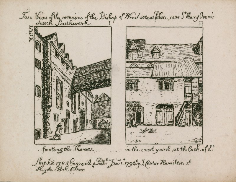 To utsikt over restene av biskopen av Winchesters Palace av English School