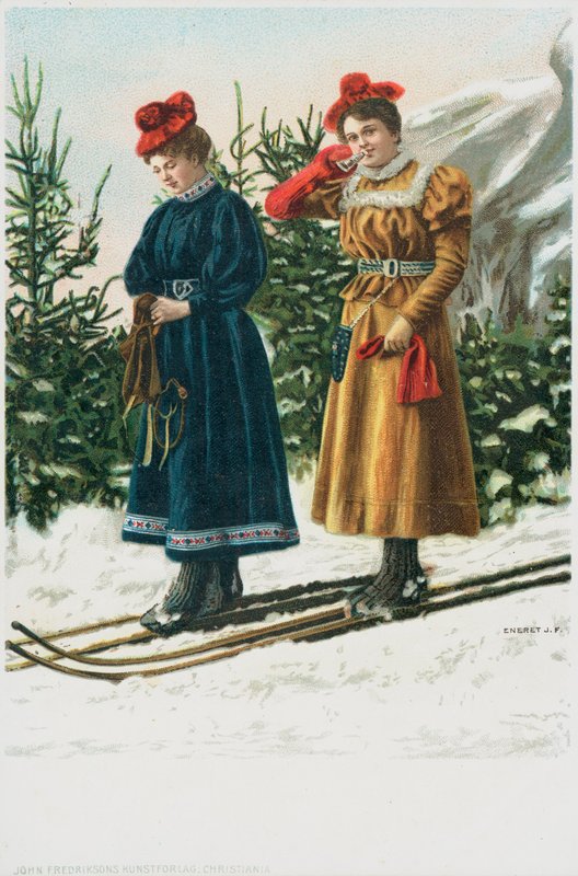 To kvinner på ski mens de går på ski nedover et snølandskap av English School