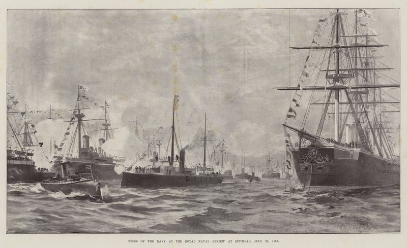 Typer av marinen ved Royal Naval Review på Spithead, 23. juli 1887 (litho) av English School