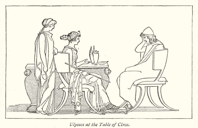 Ulysses ved Table of Circe (litho) av English School