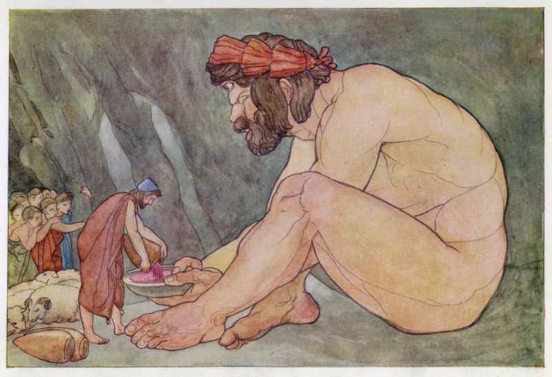 Ulysses gir vin til kyklopene (farge litho) av English School