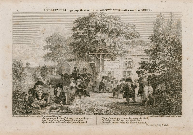 Begravelsesarbeidere fornøyer seg ved Deaths Door, Battersea Rise, Surrey av English School