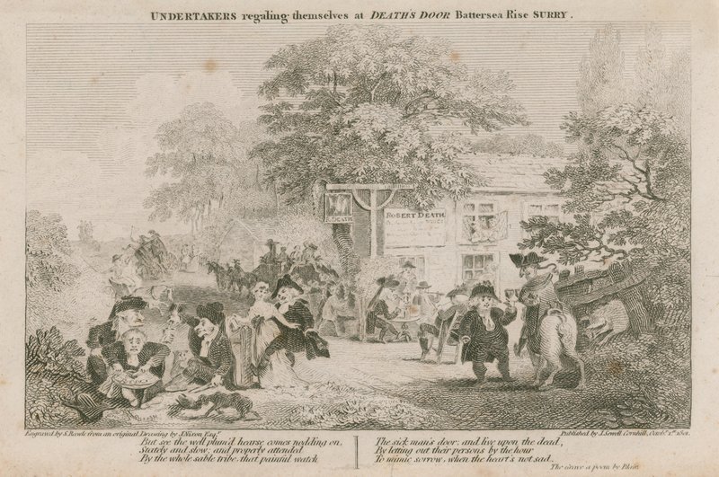 Begravelsesarbeidere fornøyer seg ved Deaths Door, Battersea Rise, Surrey av English School