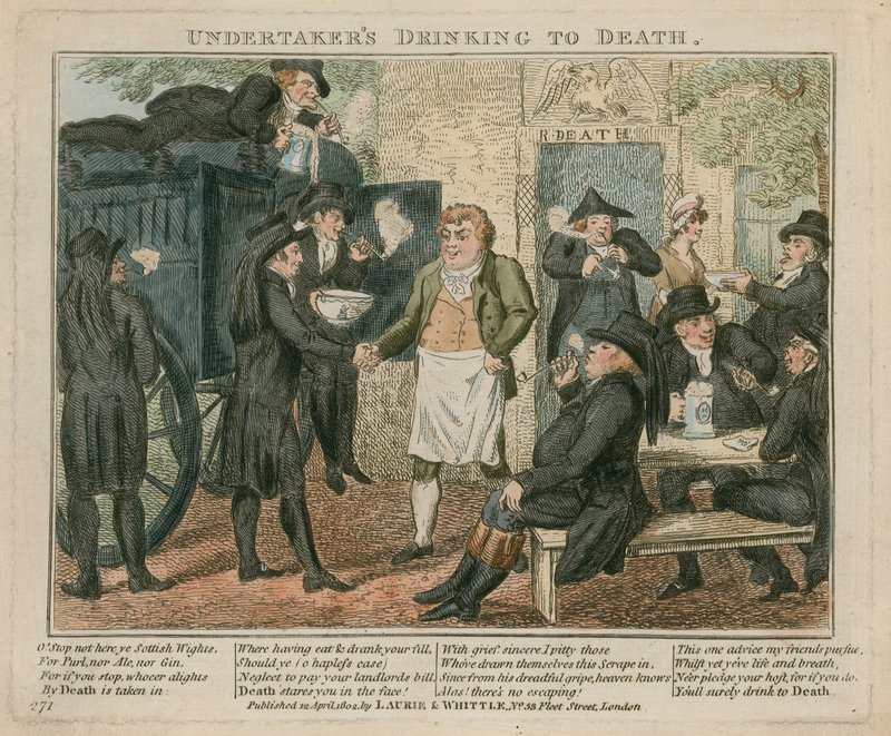 Begravelsesarbeidere fornøyer seg ved Deaths Door, Battersea Rise, Surrey av English School