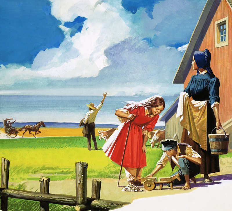 Uidentifisert amerikansk landlig scene med Quaker-familien av English School