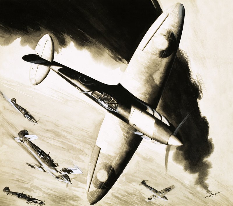 Uidentifisert Spitfire i luftkamp med tyske jagerfly av English School