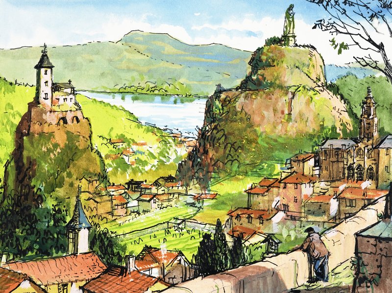 Uidentifisert landlig scene med kirke på stein overfor statue på ås av English School