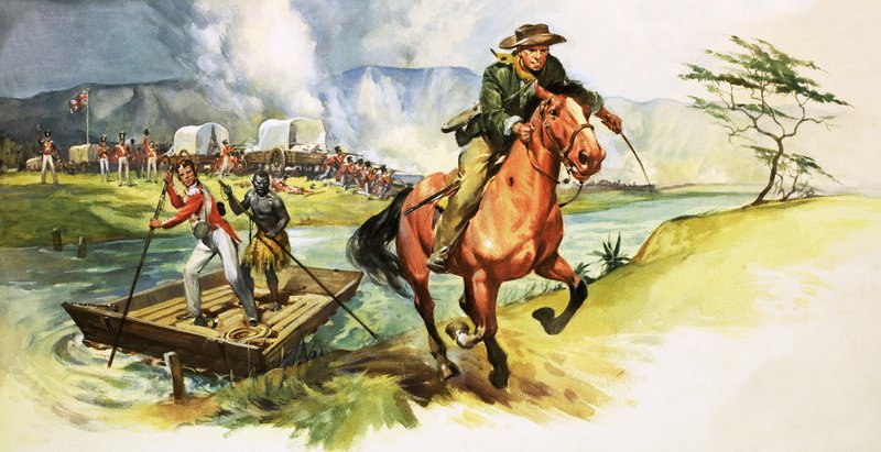 Uidentifisert cowboy rir vekk fra elv med engelske soldater under angrep på en annen bredd av English School
