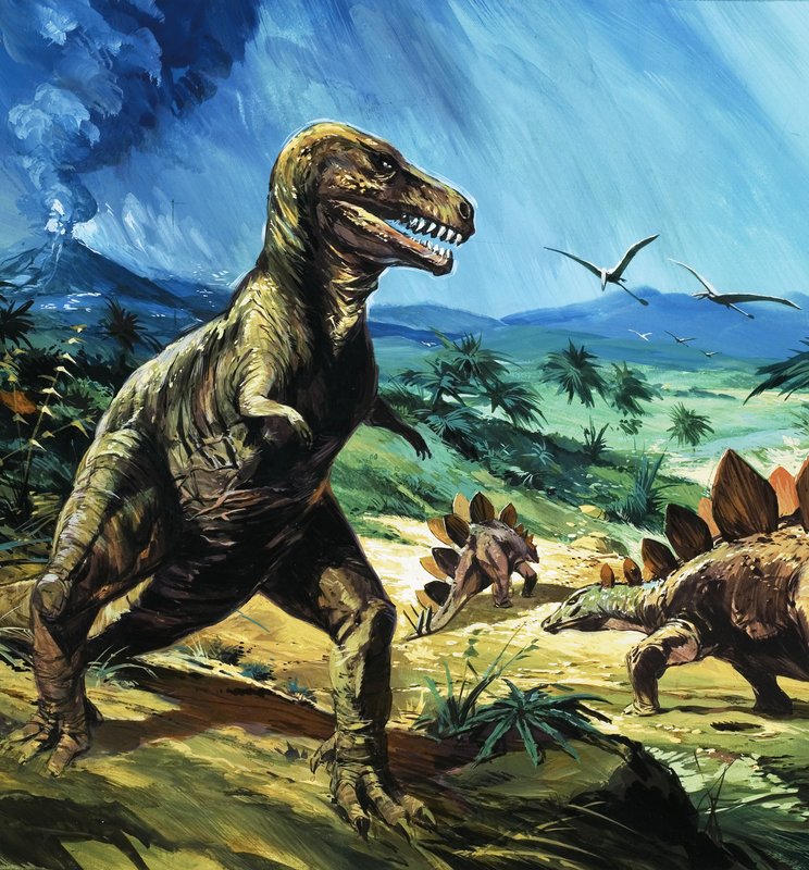 Uidentifisert dinosaurscene med T-Rex og Stegosaurus av English School