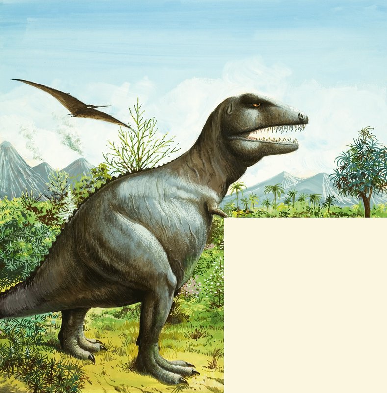 Uidentifisert dinosaurscene med T Rex og Pterodactyl av English School
