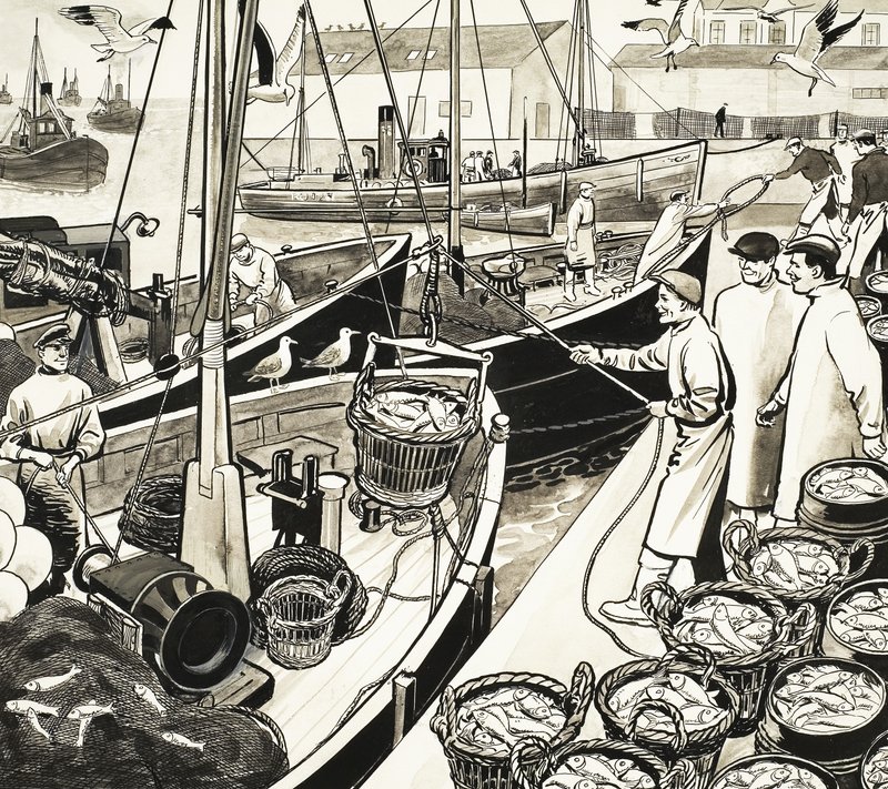 Uidentifisert fiskehavn med fisk fra kai av English School