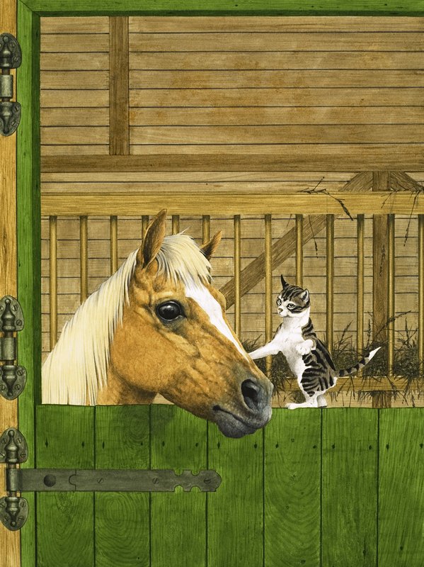 Uidentifisert hest og leken kattunge av English School