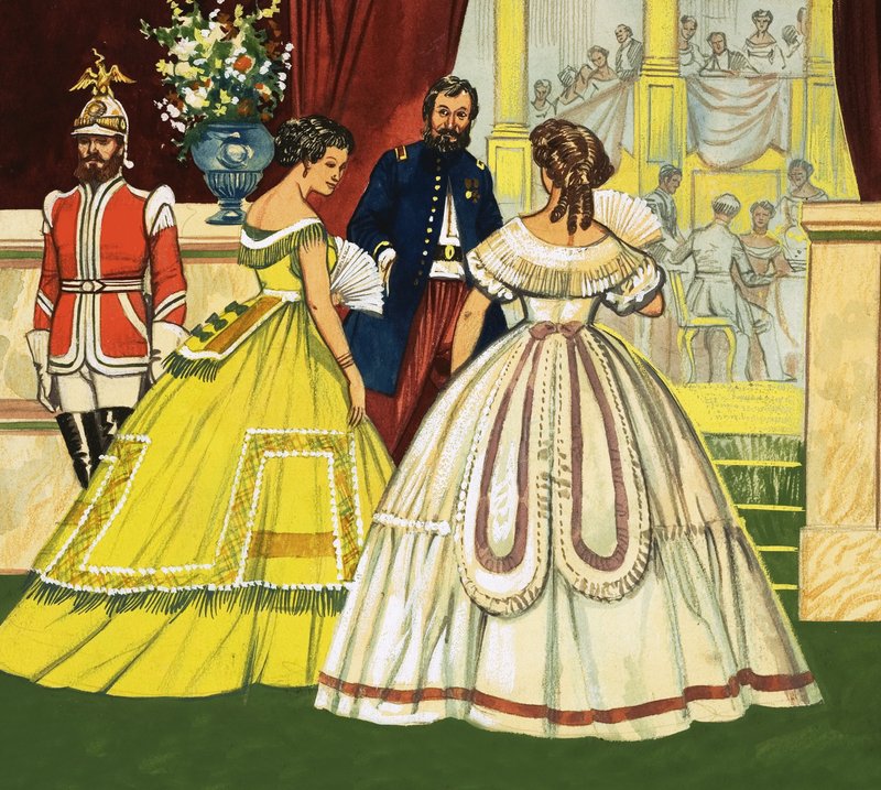 Uidentifiserte kvinner i formelle kjoler som deltar på en funksjon (1800-tallet) av English School