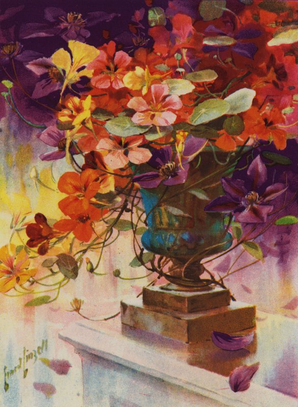 Urne fylt med blomster (farge litho) av English School