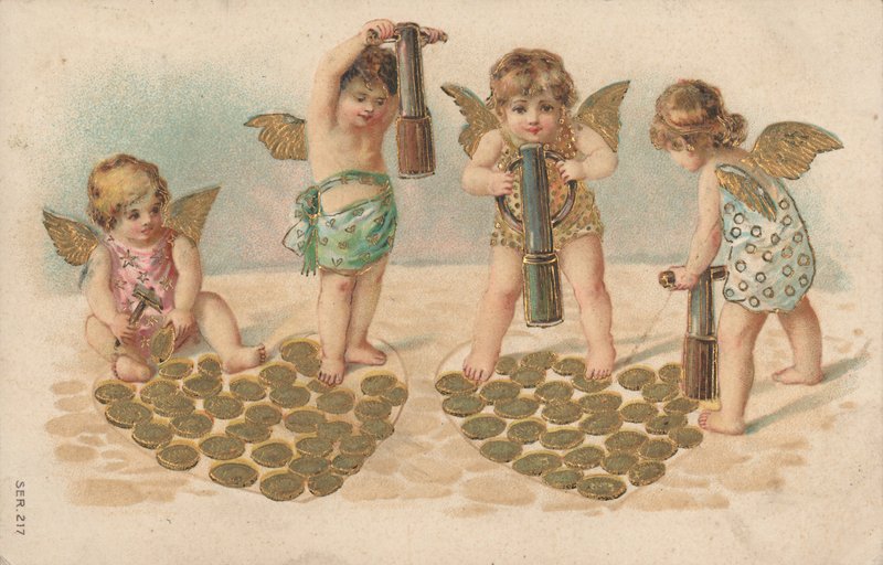 Valentinkort, putti stemple hjerter av English School