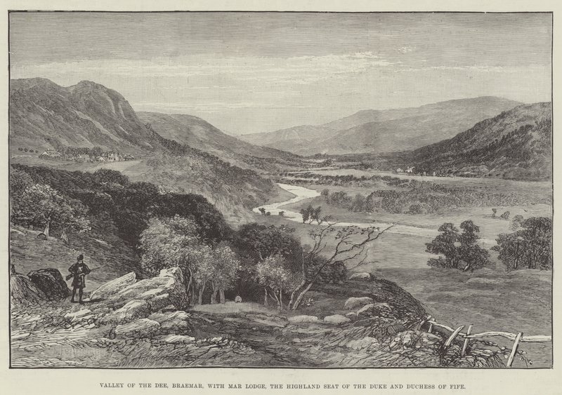 Valley of the Dee, Braemar, med Mar Lodge, høylandssetet til hertugen og hertuginnen av Fife (gravering) av English School