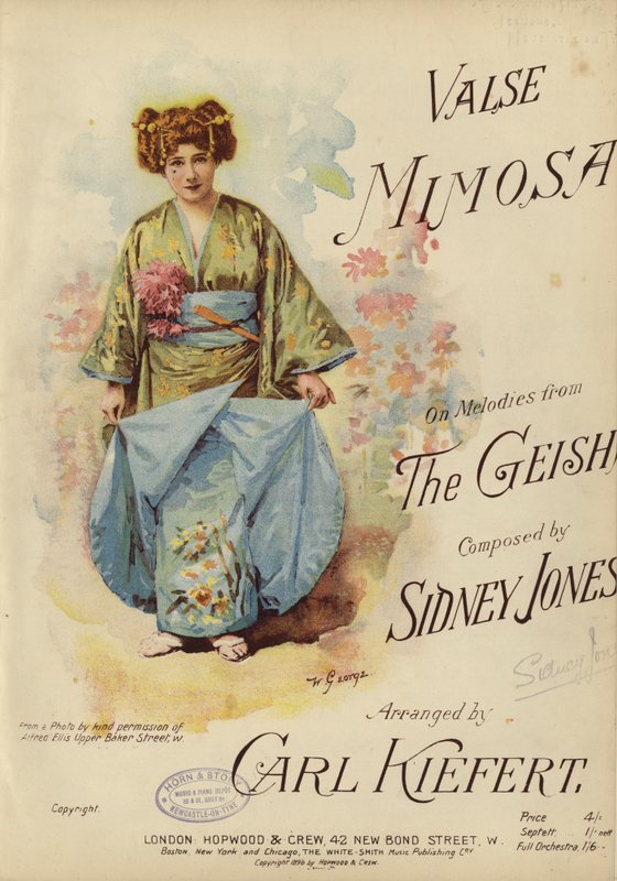 Valse Mimosa, på melodier fra The Geisha, komponert av Sidney Jones og arrangert av Carl Kiefert (farge litho) av English School
