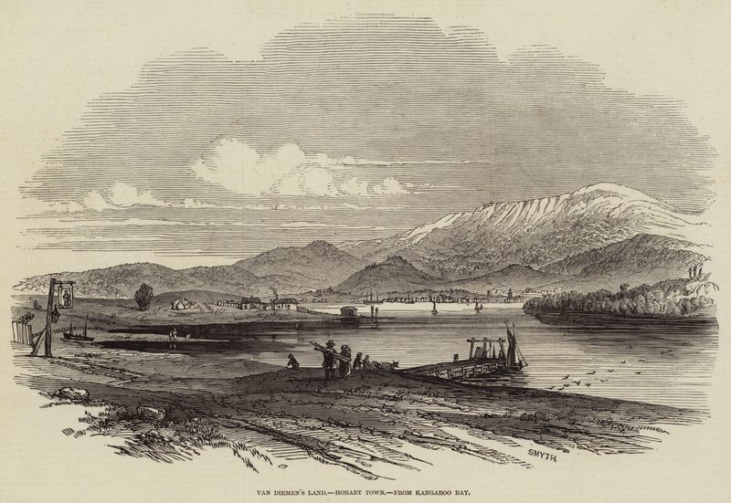 Van Diemens Land, Hobart Town, fra Kangaroo Bay (gravering) av English School