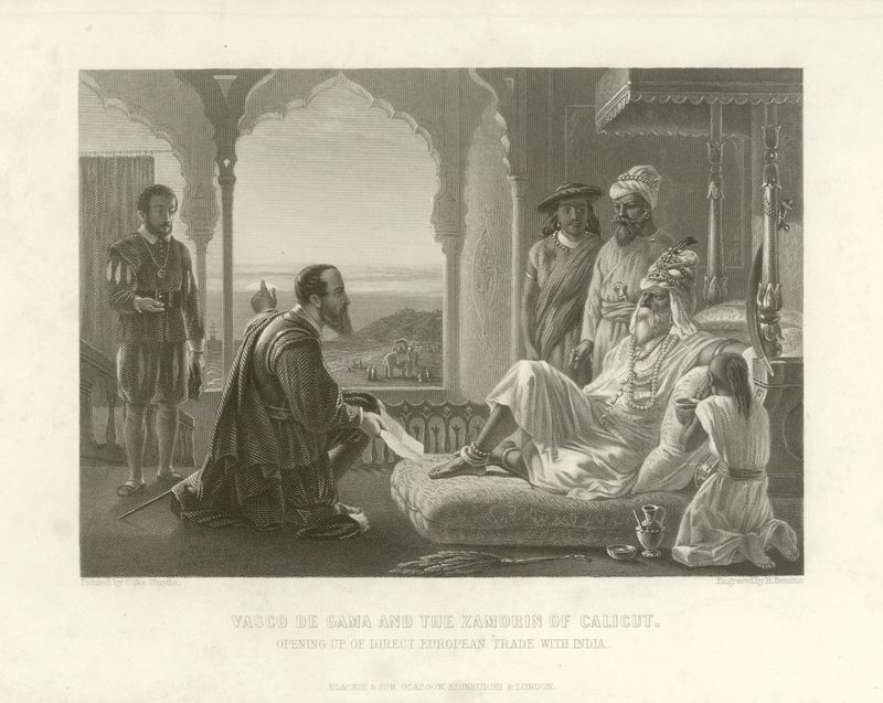 Vasco da Gama og Zamorin fra Calicut, 1498 av English School