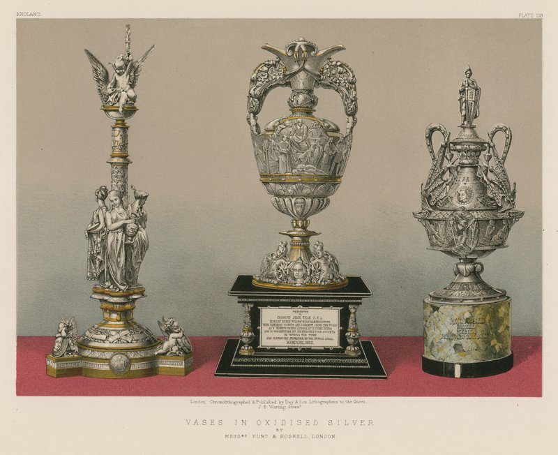 Vaser i oksidert sølv av Messrs Hunt og Roskell, London (chromolitho) av English School