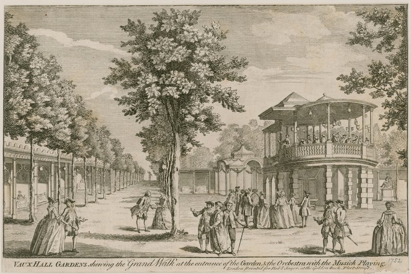 Vauxhall Gardens, London, som viser Grand Walk ved inngangen til hagen og The Orchestra, med musikken som spilles av English School