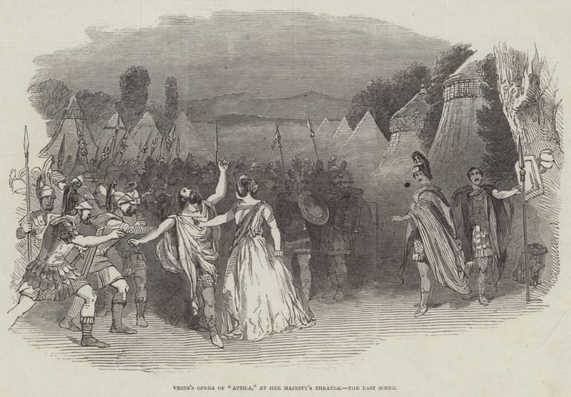 Verdis opera av "Attila," ved Hennes Majestets teater, den siste scenen (gravering) av English School