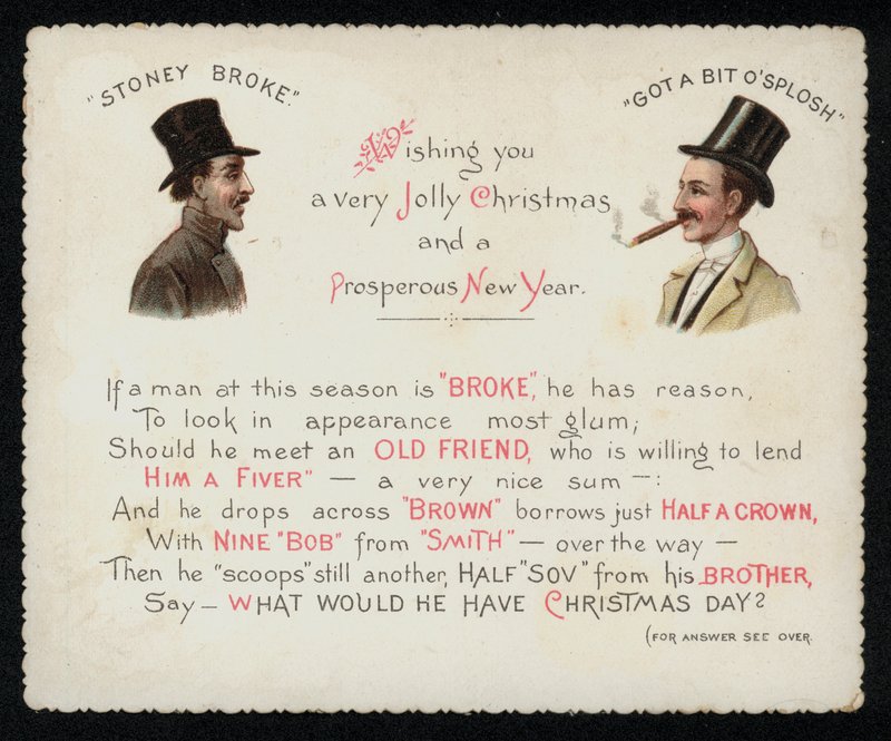 Vers som råder menn som er blakke til å oppsøke sine rike venner i julen for å låne litt penger, gratulasjonskort. (chromolitho) av English School