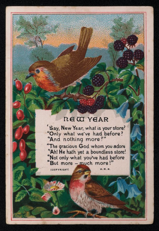 Vers, bær og fugler, nyttårs gratulasjonskort. (chromolitho) av English School