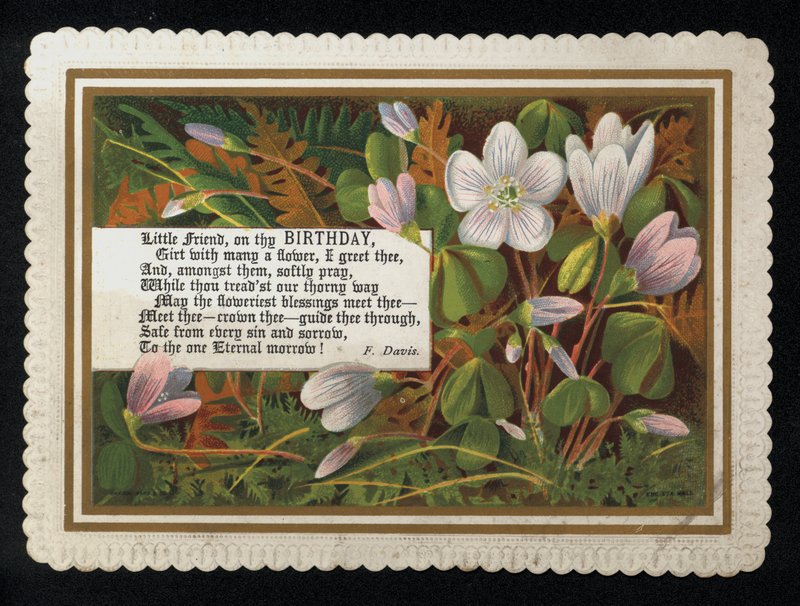 Vers av F Davis og blomster, bursdagskort (chromolitho) av English School