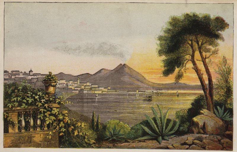 Vesuv og Napolibukten, Italia (farget gravering) av English School