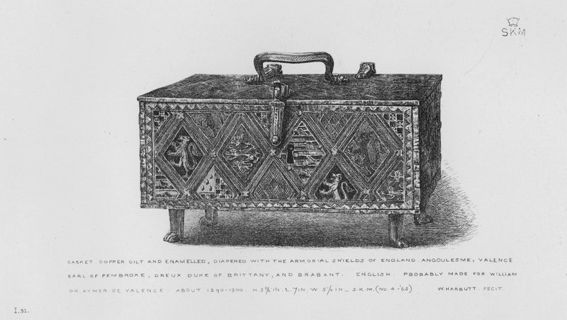 Victoria And Albert Museum: Kist, forgylt og emaljert i kobber, bleie med Armorial Shields of England, Angoulesme, Valence, Earl of Pembroke, Dreux Duke of Bretagne og Brabant, engelsk, sannsynligvis laget for William eller Aymer de Valence, ca. 1290- 1. 3 av English School