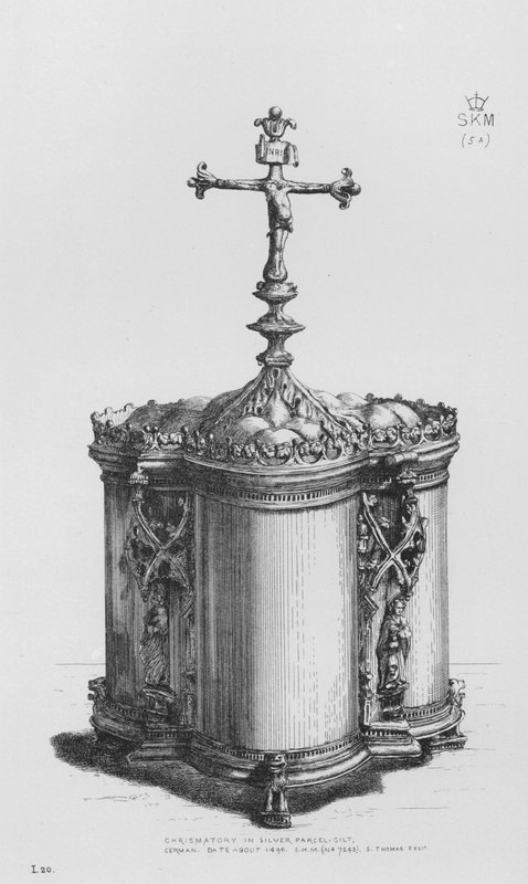 Victoria And Albert Museum: Chrismatory i pakkeforgylt sølv, tysk, datert rundt 1490 (gravering) av English School
