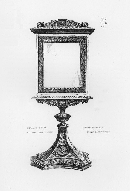 Victoria And Albert Museum: Metallisk speil i utskåret valnøttramme, italiensk av English School
