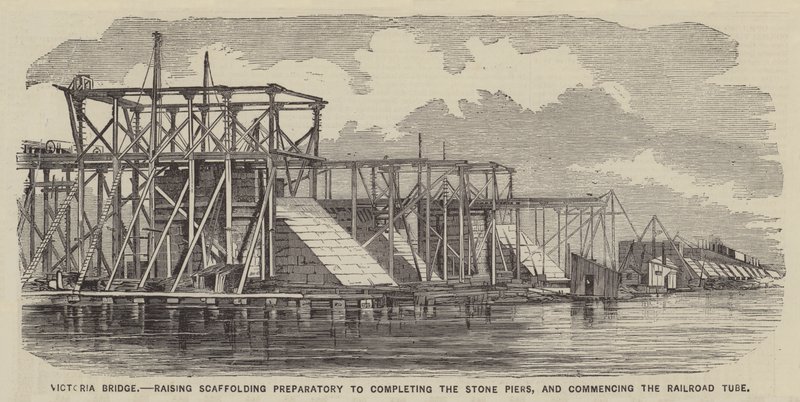 Victoria Bridge, forberedelse til oppføring av stillas for å ferdigstille steinpilarene og påbegynning av jernbanerøret (gravering) av English School
